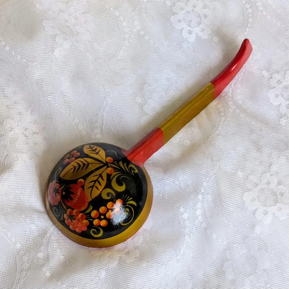 Vintage Russian Khokhloma Hand Painted Floral Large Wooden Ladle Spoon